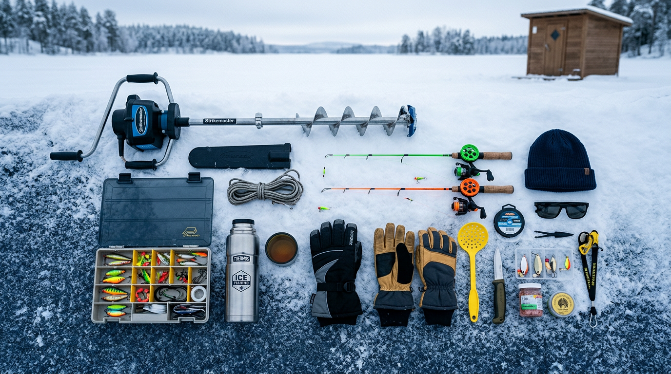 Ice fishing equipment on snow