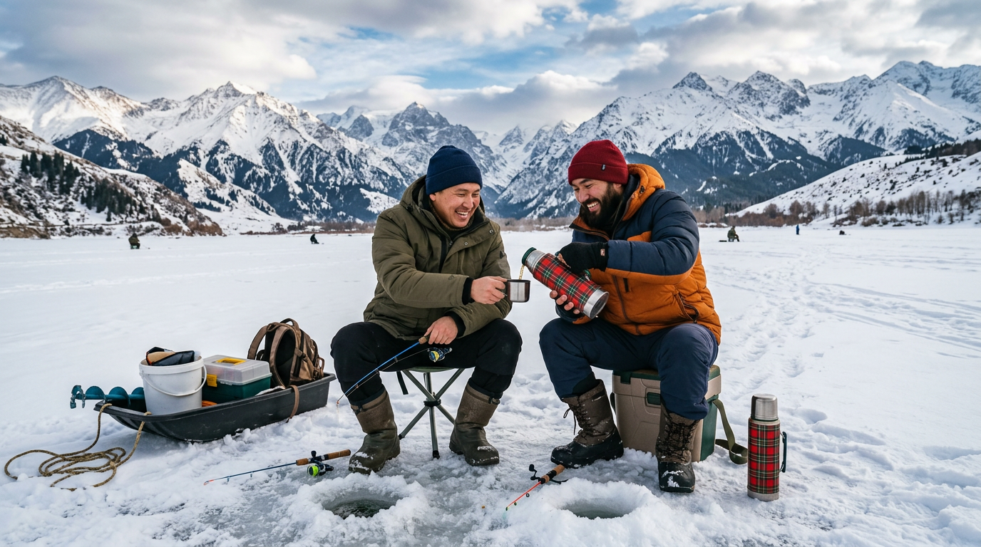 Friends ice fishing together