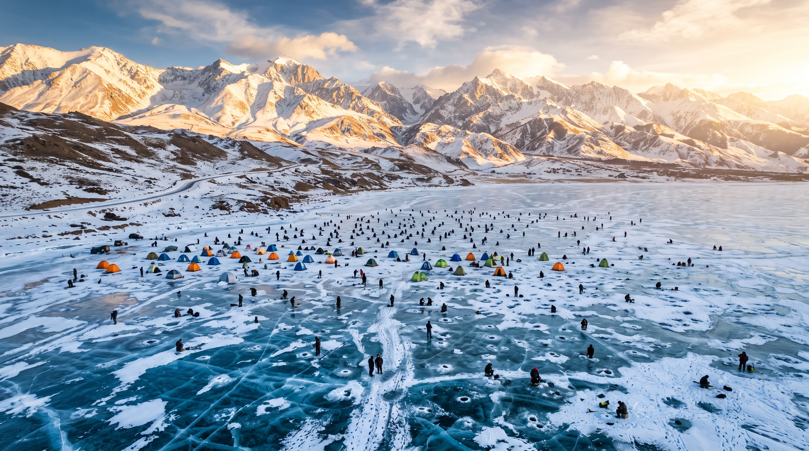Aerial view of ice fishing on frozen lake