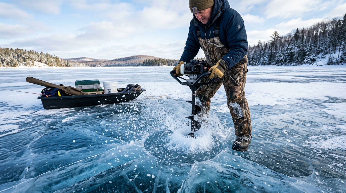 Drilling ice hole with auger