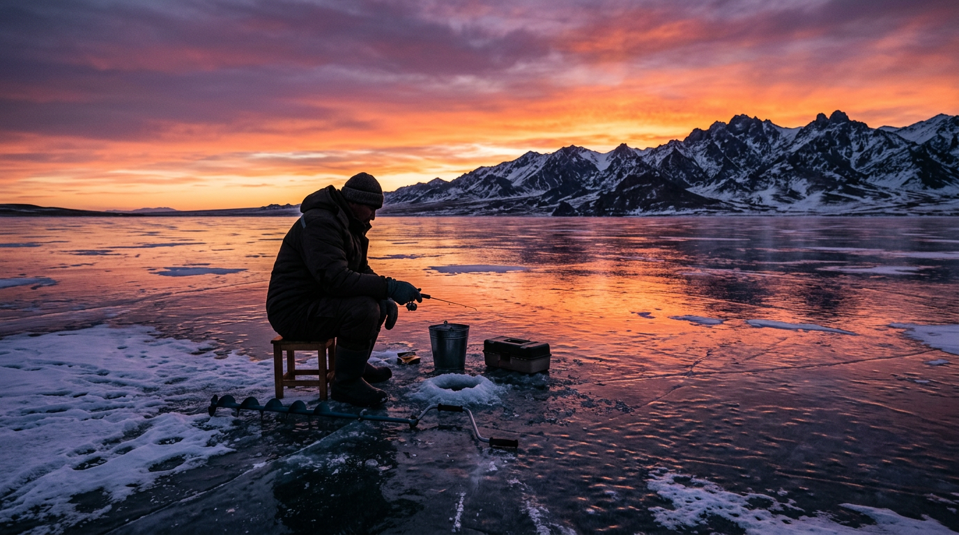 Beldersay mountain lake ice fishing