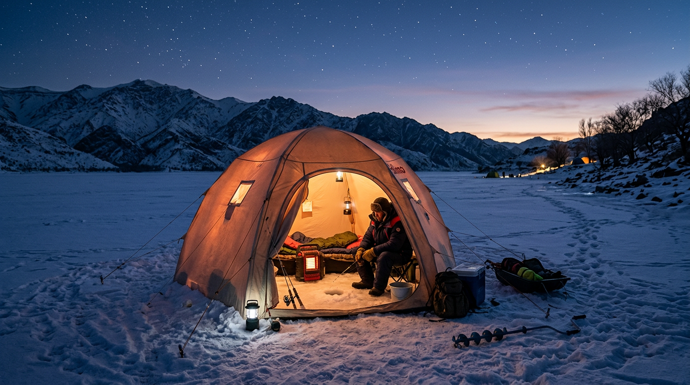 Ice fishing tent at dusk